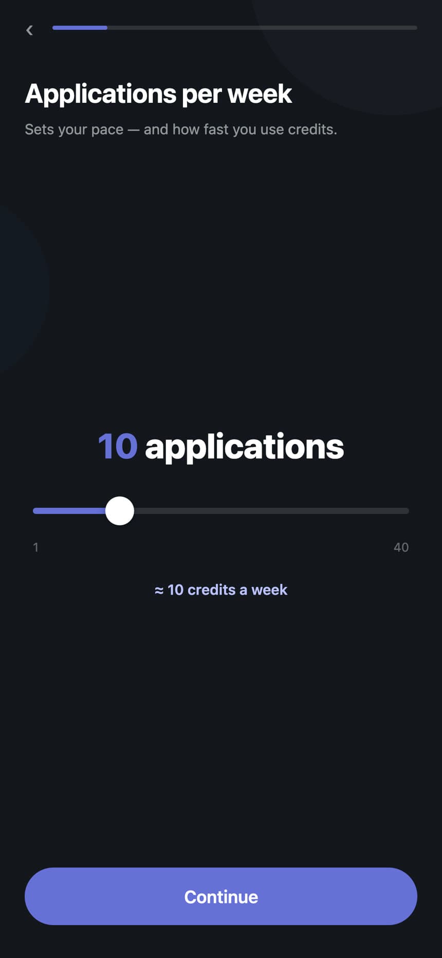 Onboarding slider setting a weekly interview goal of four interviews