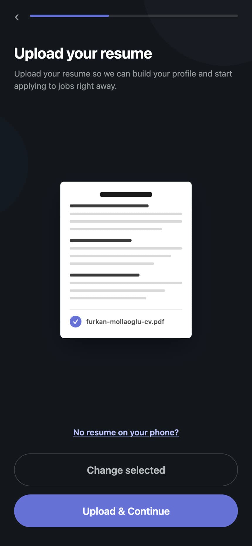 Resume upload screen accepting PDF and DOCX files
