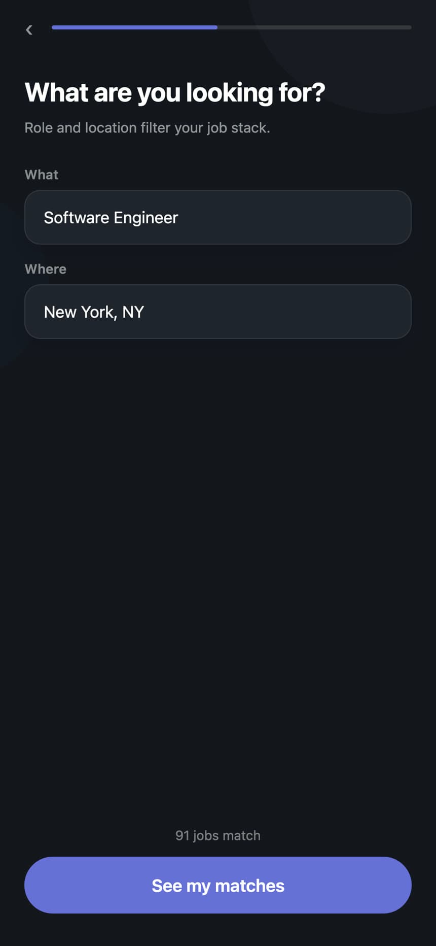 Role and location filter screen with a live count of matching jobs