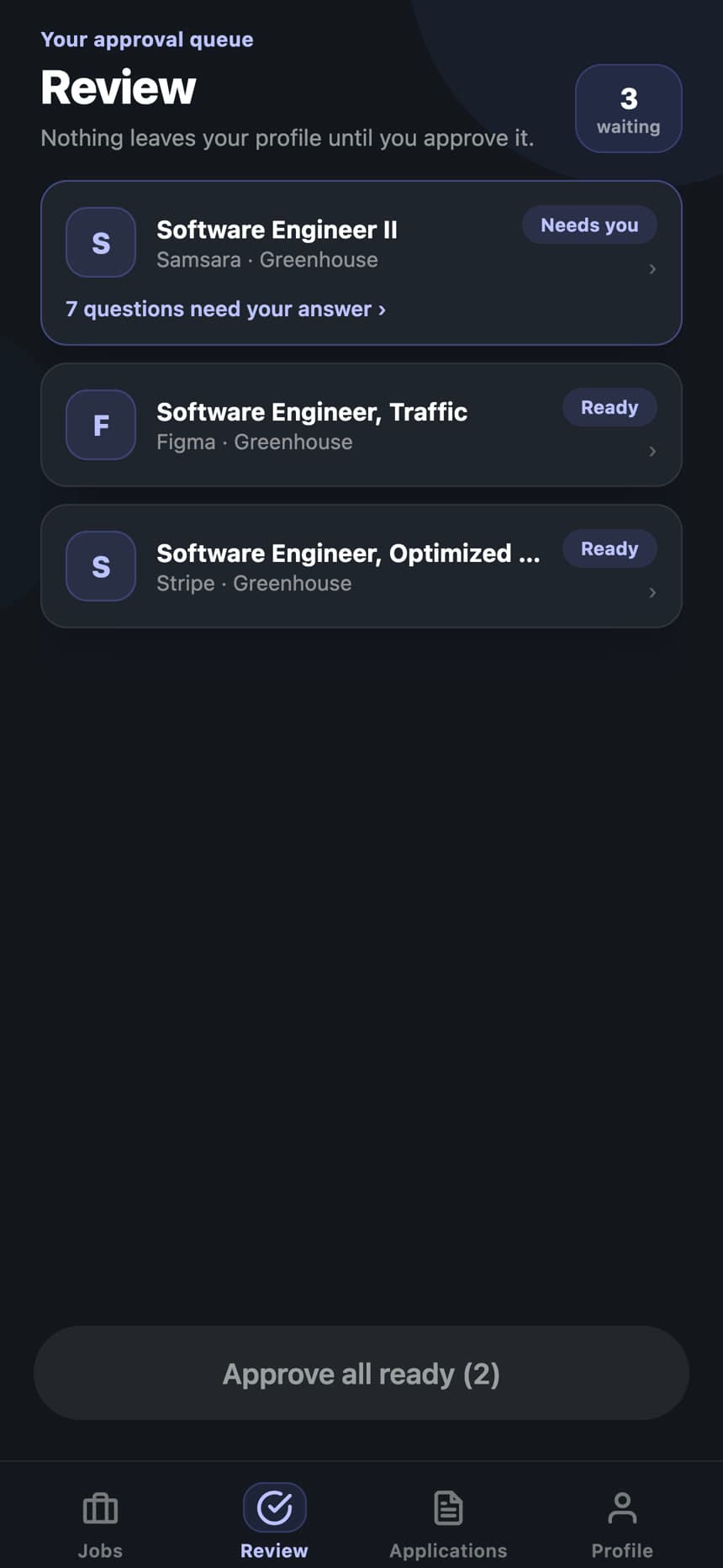 Hiredeck review screen with an AI-drafted resume and cover letter waiting for approval