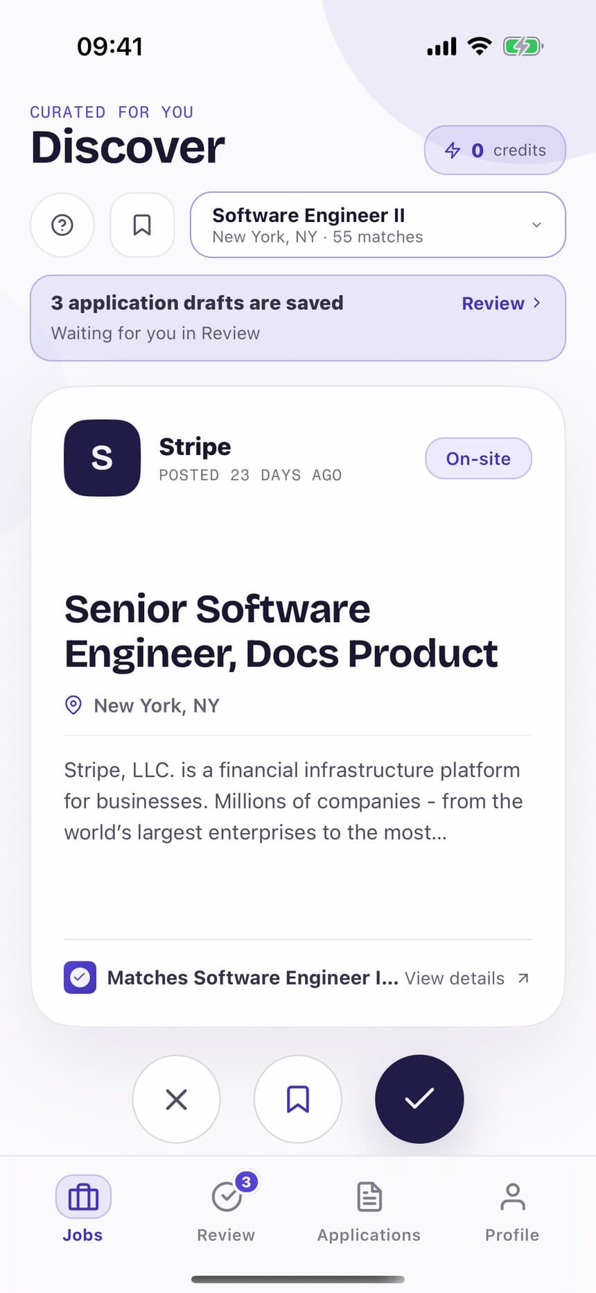Hiredeck Discover deck with a real Stripe senior software engineer card, role filter, and pass, save, and apply buttons