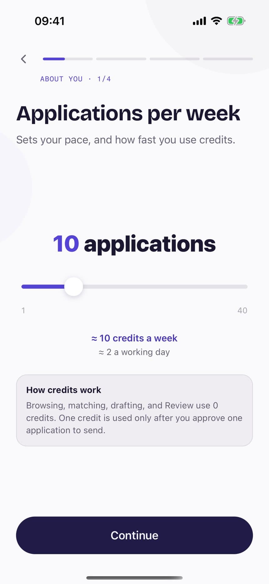 Onboarding slider setting a pace of ten applications a week